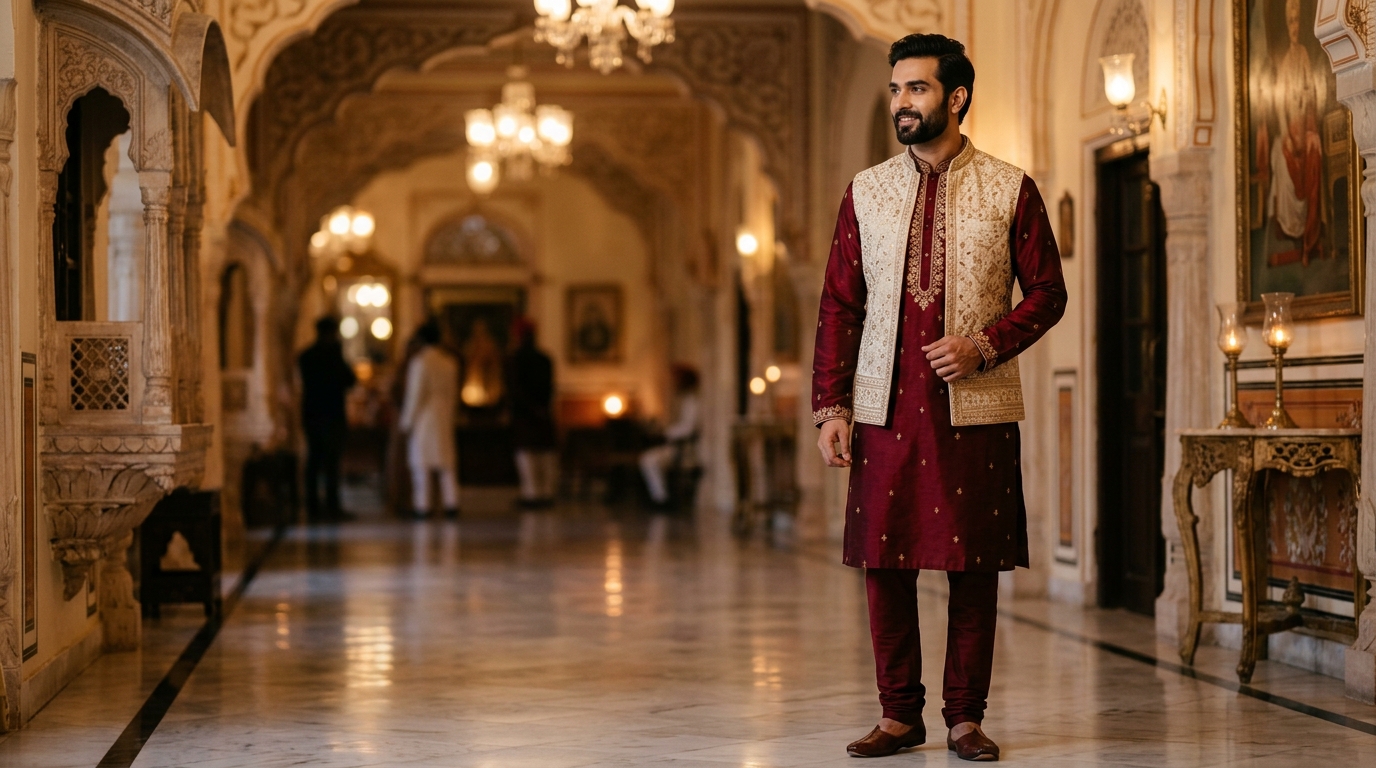 Royal Jacquard Silk Semi-Long Panjabi - Obsidian Thumbnail 3